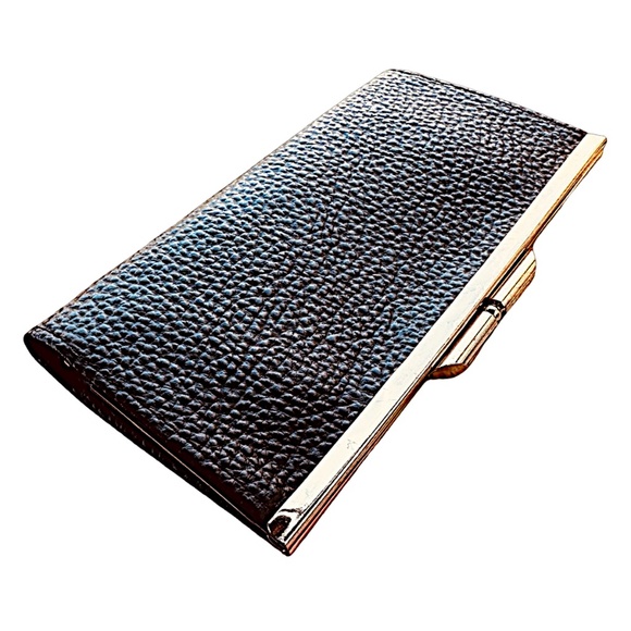 Vintage Black Faux Leather Boxed Framed Wallet Clutch 7”x 3.5” Pebbled - Picture 4 of 5